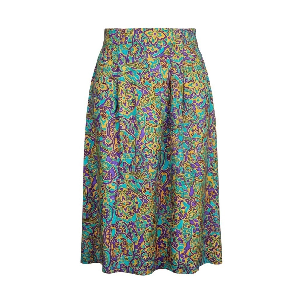 Vintage 100% Silk Paisley Midi Skirt Teal Purple Gold Size 14 Elastic Waist
